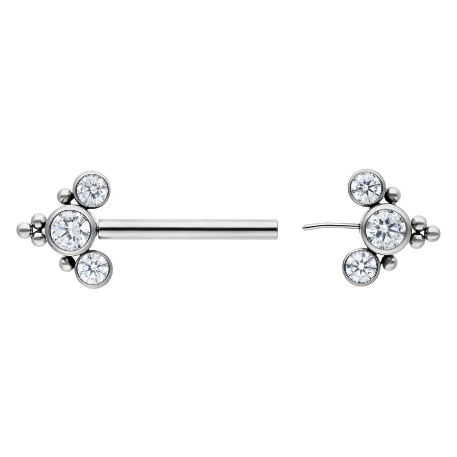 Barbell argenté Sonya avec cristaux, 14 mm Barbell argenté avec cristaux clairs, vue de face et de côté sur fond blanc