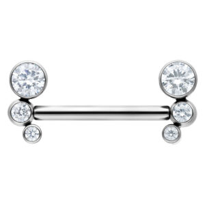 Piercing barbell en argent avec cinq pierres en cristal claires, orienté horizontalement