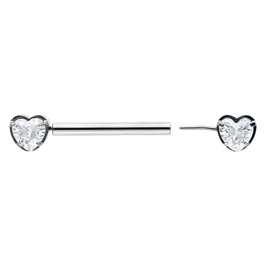 Barbell cœur argenté de 12 mm, avec un clou en forme de cœur et une tige en forme de cœur sur fond blanc