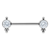 Barbell argenté avec cristaux clairs Barbell argenté avec deux cristaux clairs aux extrémités sur fond blanc