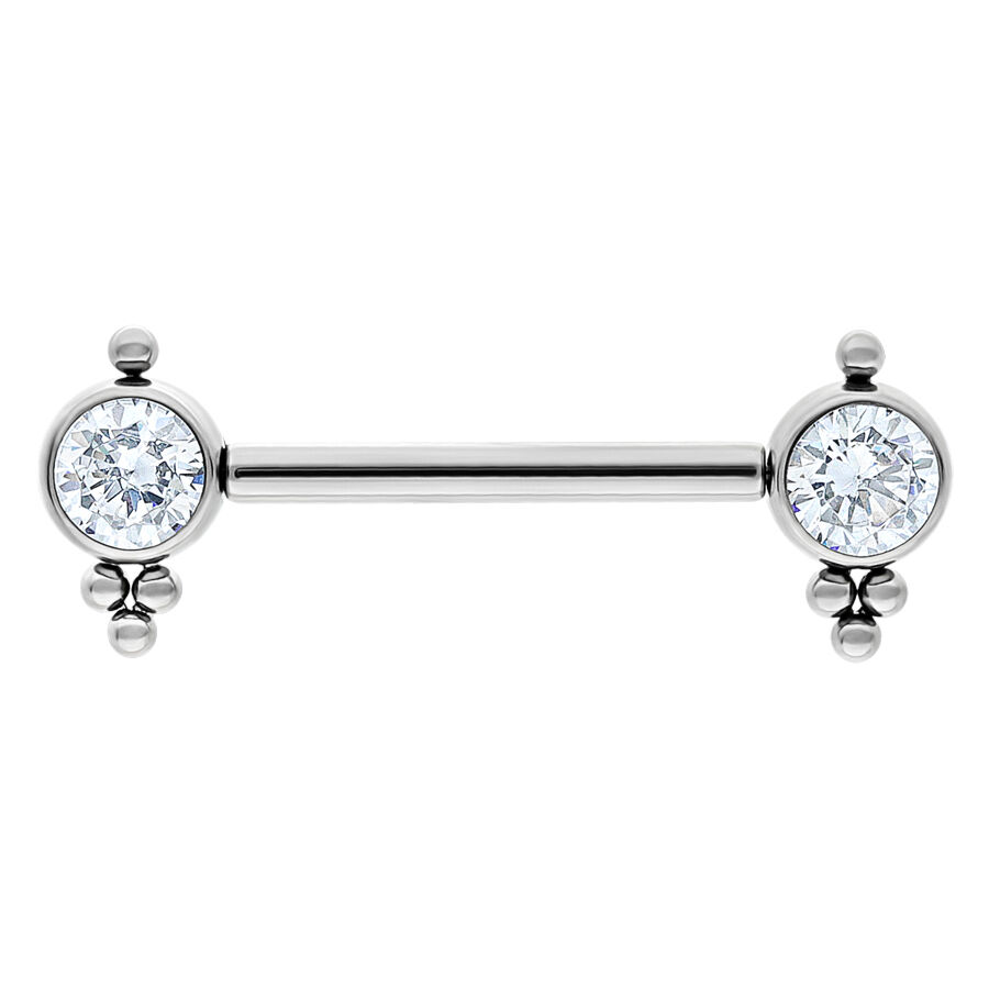 Barbell argenté avec cristaux clairs Barbell argenté avec deux cristaux clairs aux extrémités sur fond blanc