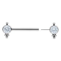 Barbell en titane argenté avec cristaux Barbell argenté en titane avec deux cristaux clairs sur fond blanc.