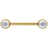 Barbell doré 12 mm avec cristaux Aurora Boreale Barbell doré avec deux cristaux ronds Aurora Boreale sur fond blanc