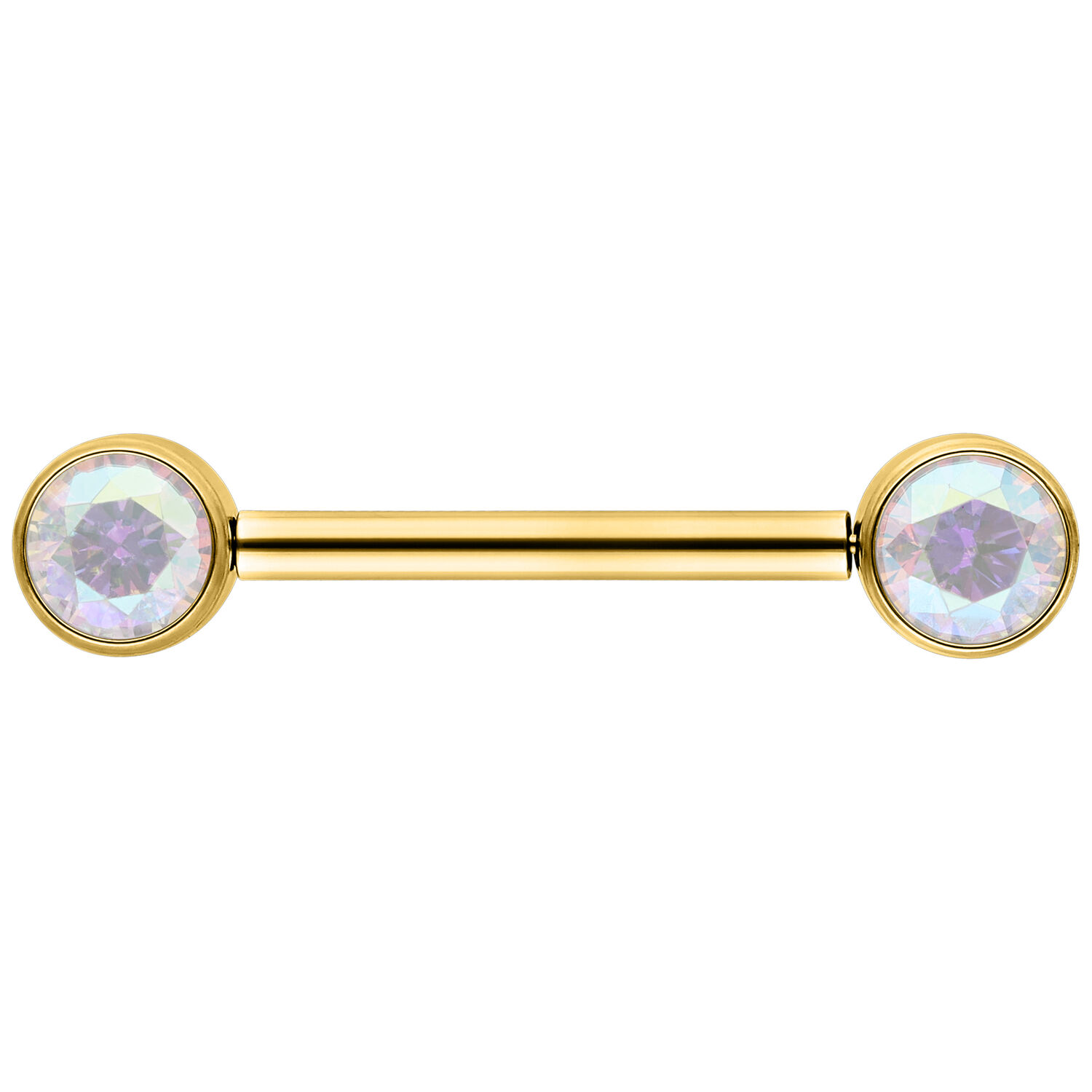 Barbell doré 12 mm avec cristaux Aurora Boreale Barbell doré avec deux cristaux ronds Aurora Boreale sur fond blanc