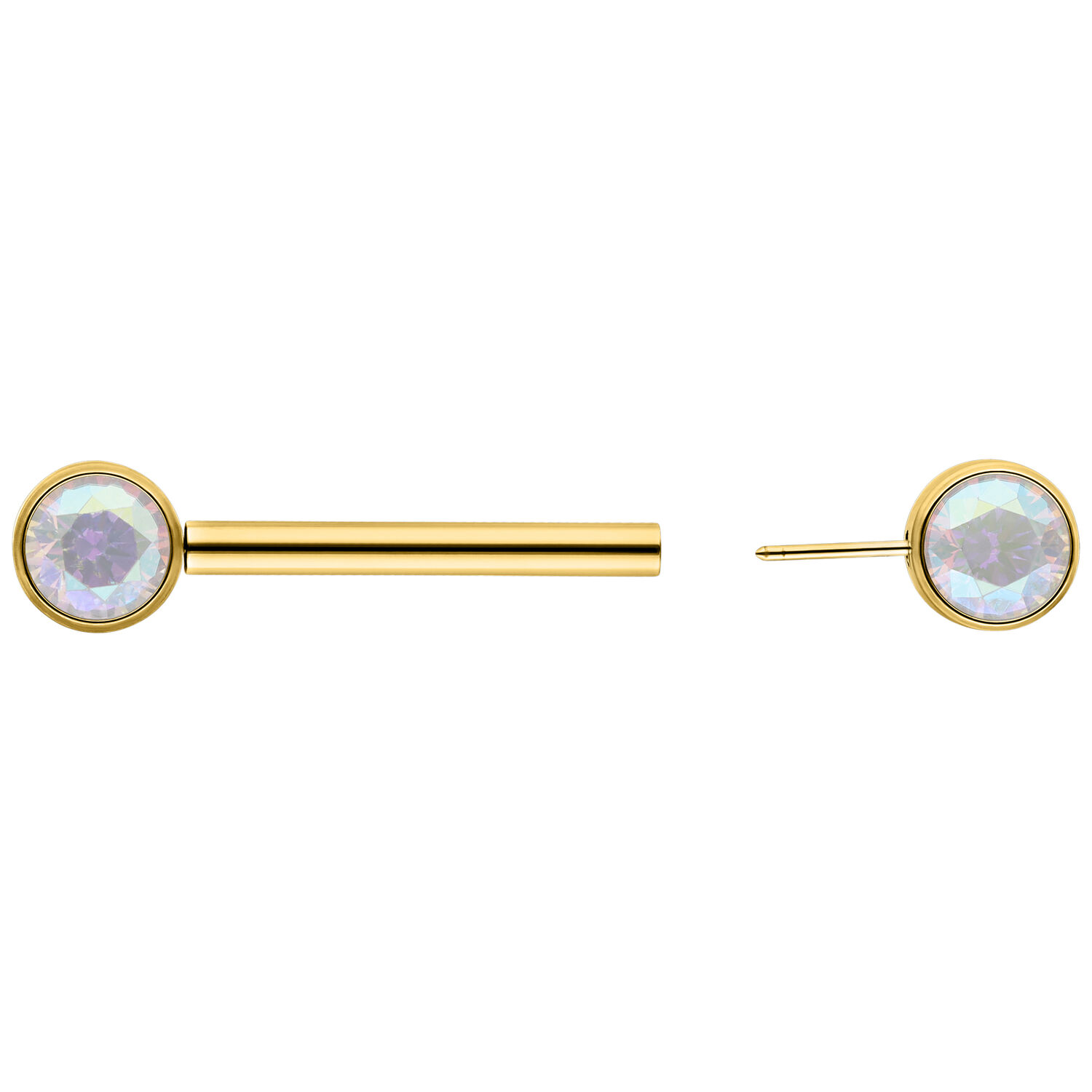 Barbell doré avec cristal Aurora Boreale Barbell doré et clou d'oreille avec cristal Aurora Boreale scintillant sur fond blanc