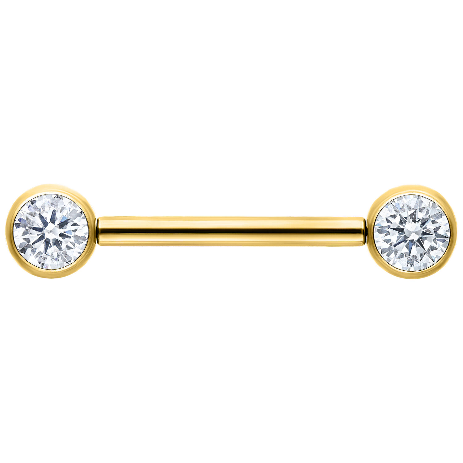 Barbell doré avec cristal 12 mm Barbell doré avec extrémités en cristal clair, sur fond blanc