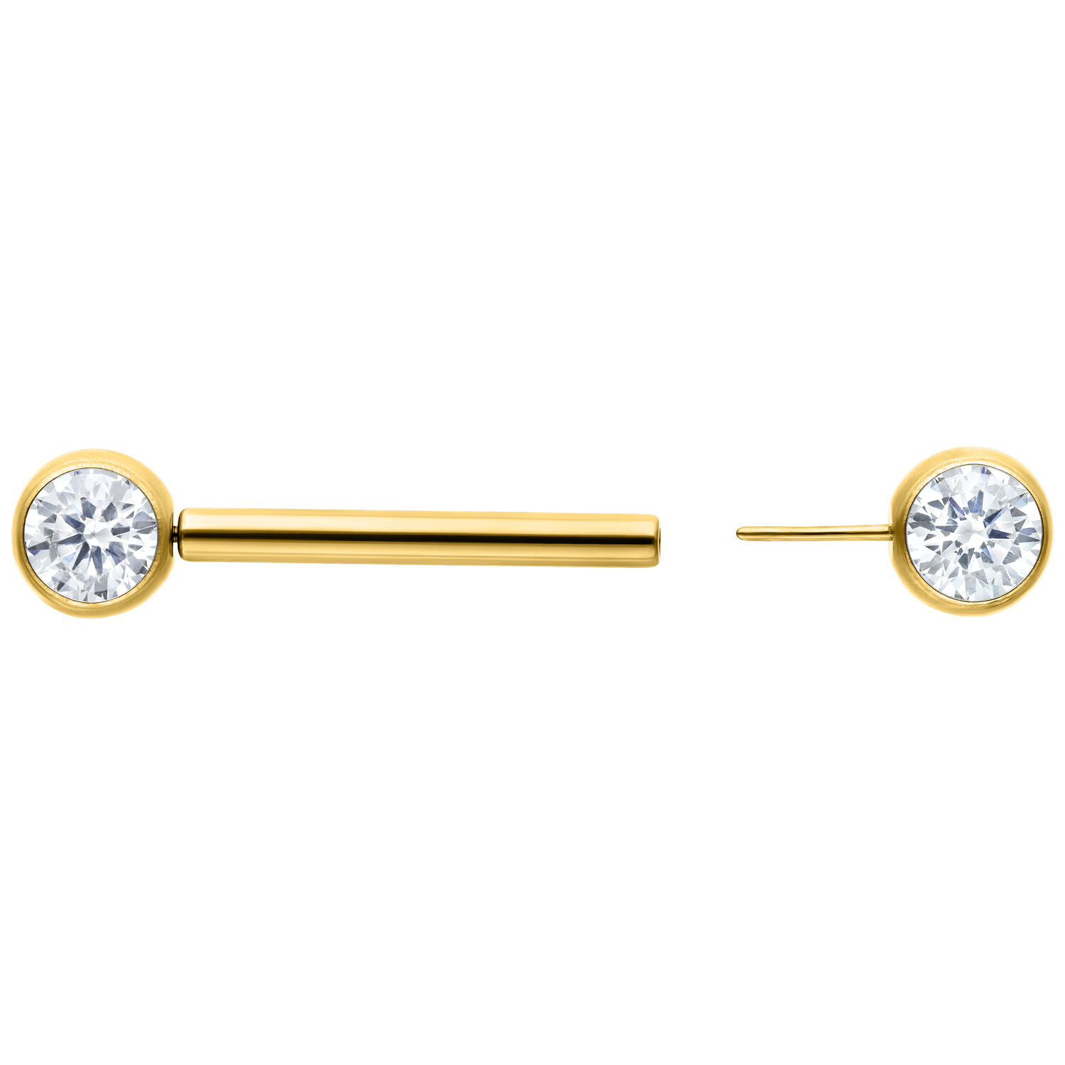 Barbell doré avec cristal clair, 12 mm Barbell doré avec cristal clair, un avec tige et un sans, sur fond blanc