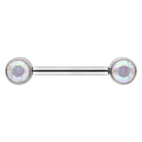 Barbell en argent avec cristaux Aurora Boreale Barbell en argent avec deux cristaux ronds Aurora Boreale, sur fond blanc