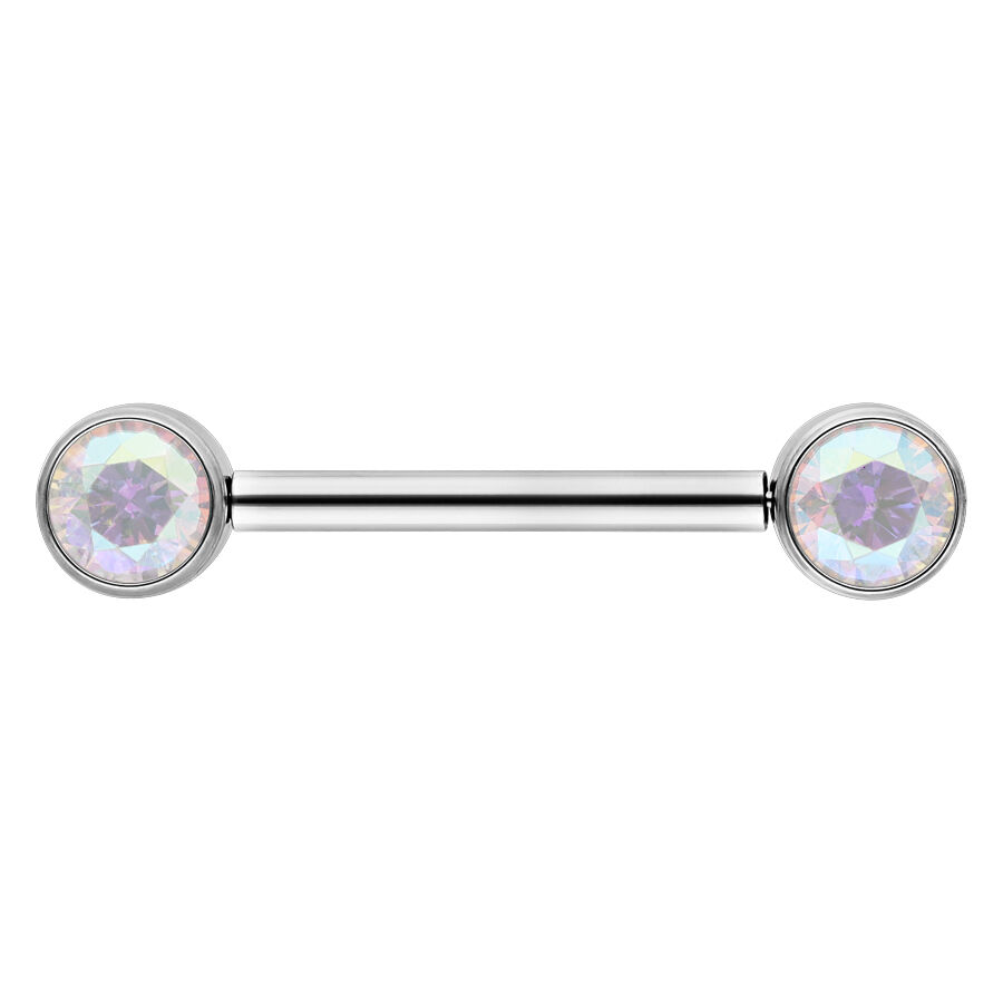 Barbell en argent avec cristaux Aurora Boreale Barbell en argent avec deux cristaux ronds Aurora Boreale, sur fond blanc