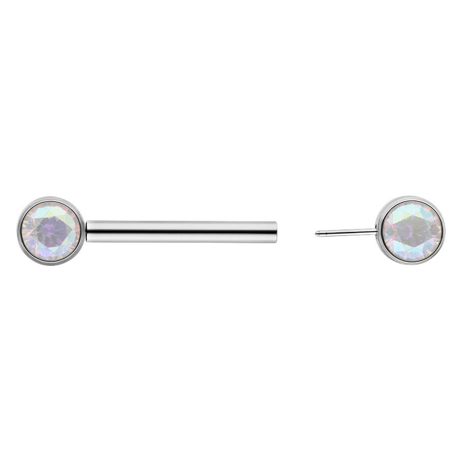 Barbell en argent avec cristal Aurora Boreale Barbell en argent avec cristal rond Aurora Boreale, vue de face