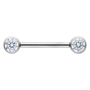 Barbell en argent avec deux cristaux ronds clairs sur fond blanc