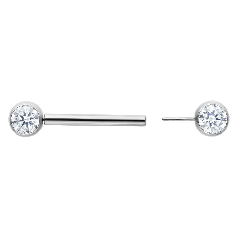 Barbell en argent avec cristal clair 14 mm Barbell en argent avec cristal clair, deux vues sur fond blanc
