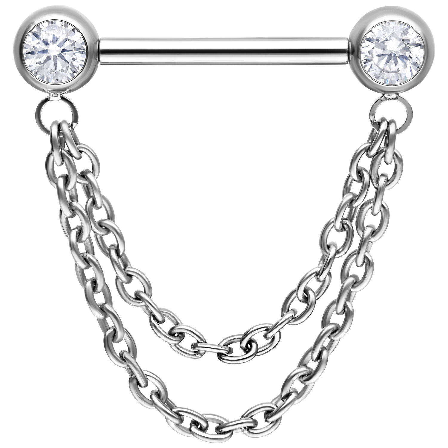 Barbell en argent avec 2 chaînes 16,0 mm Barbell en argent avec deux chaînes et embouts en zirconium, 16,0 mm