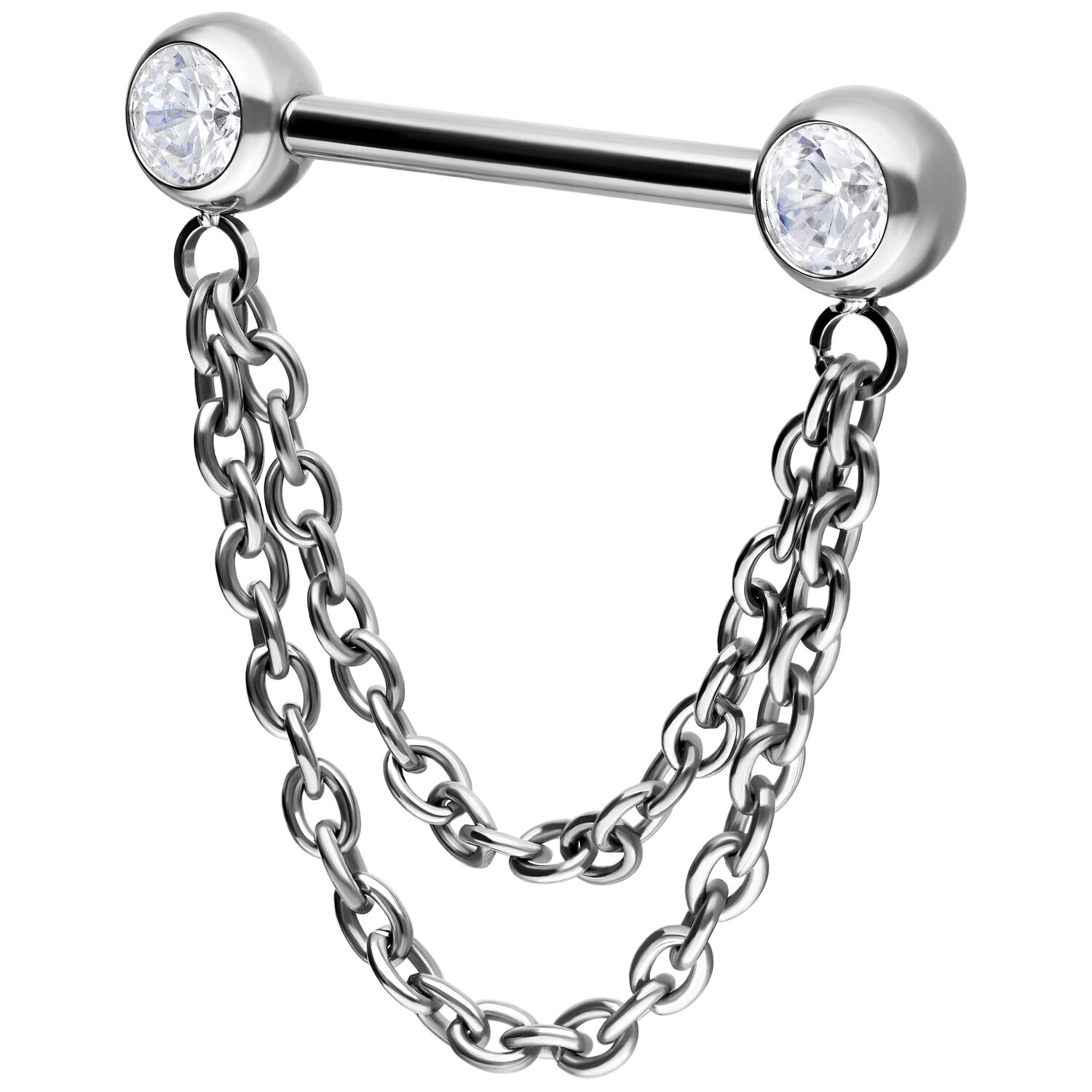 Barbell en argent avec chaînes 16 mm Barbell argenté avec deux chaînes et cristaux sur fond blanc