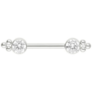 Barbell en or blanc avec deux zircones rondes aux extrémités, sur fond blanc