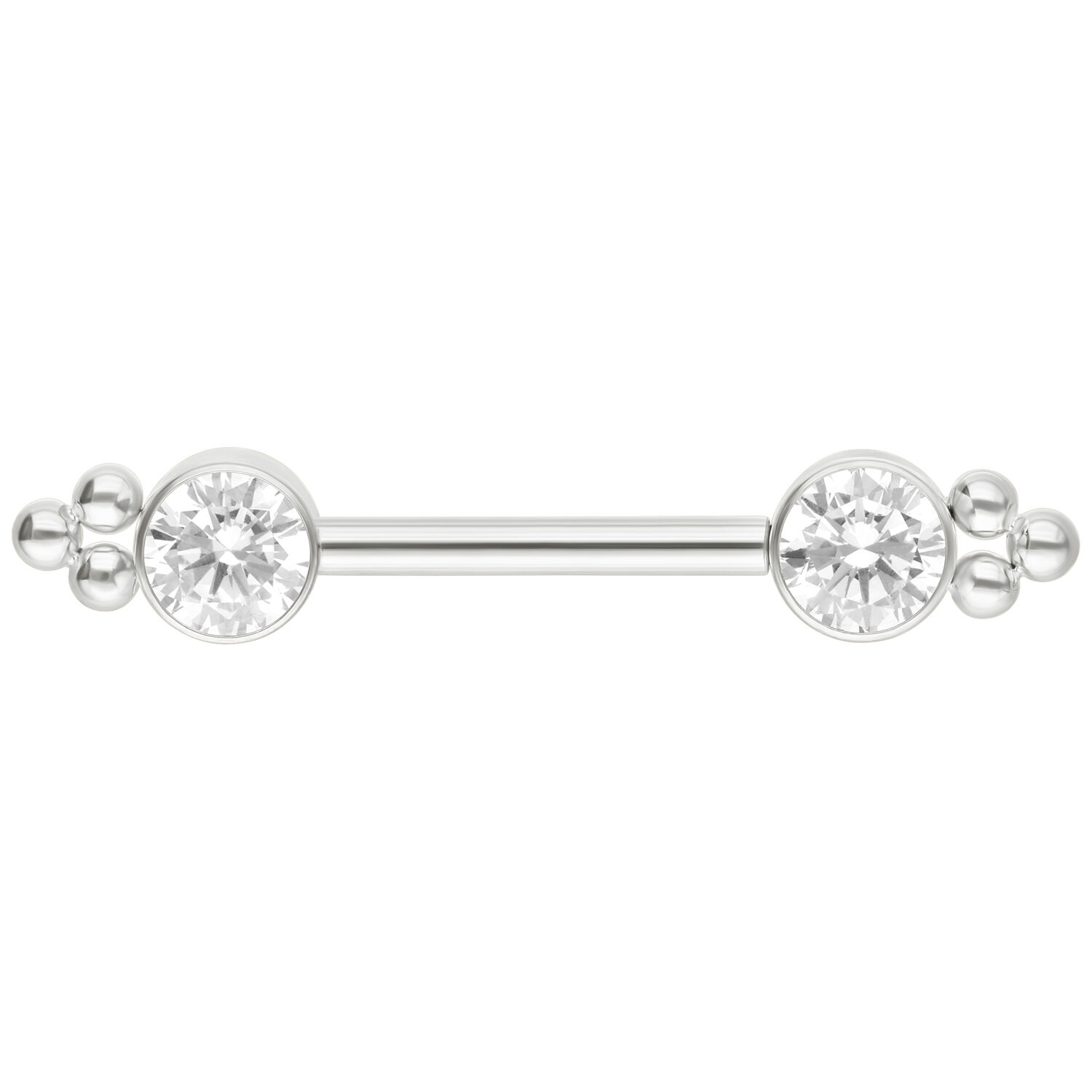 Barbell en or blanc avec zircones Barbell en or blanc avec deux zircones rondes aux extrémités, sur fond blanc