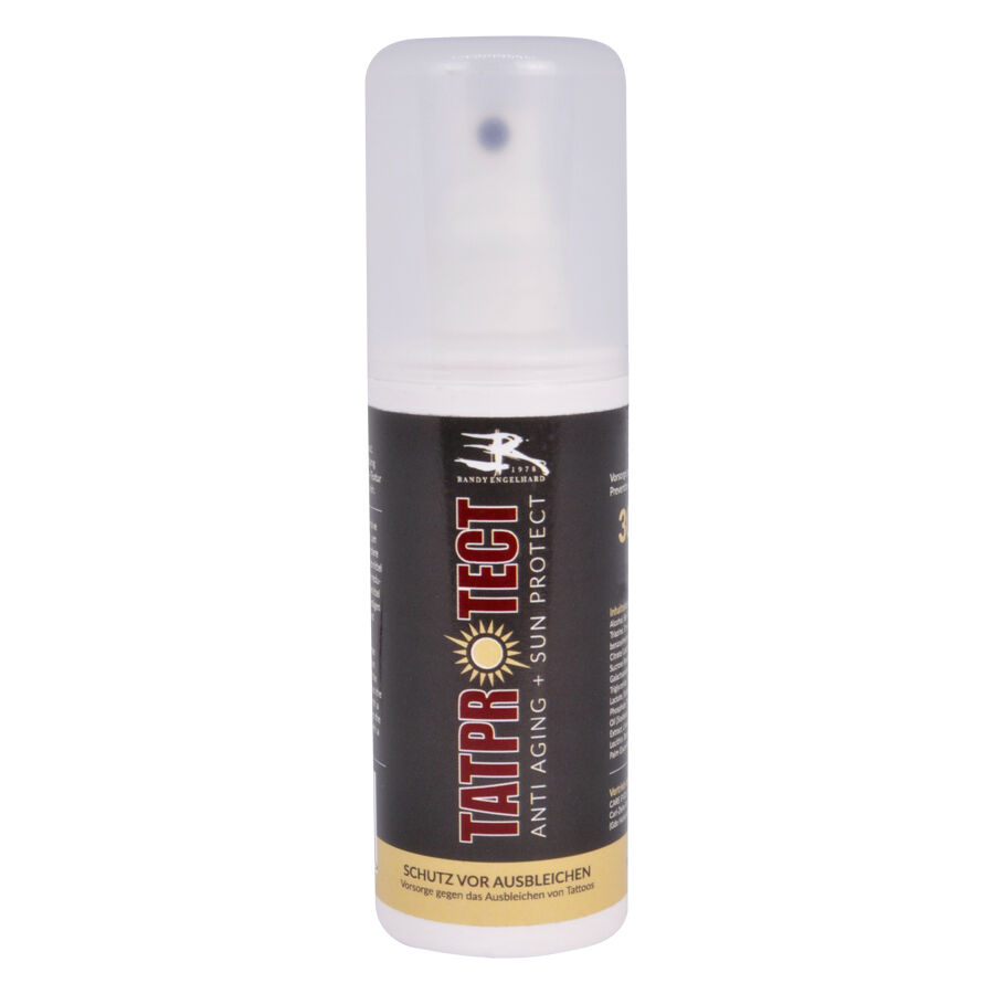 TATprotect Anti-âge Protection Solaire SPF30 100ml Bouteille TATprotect avec anti-âge et protection solaire SPF30 sur fond blanc