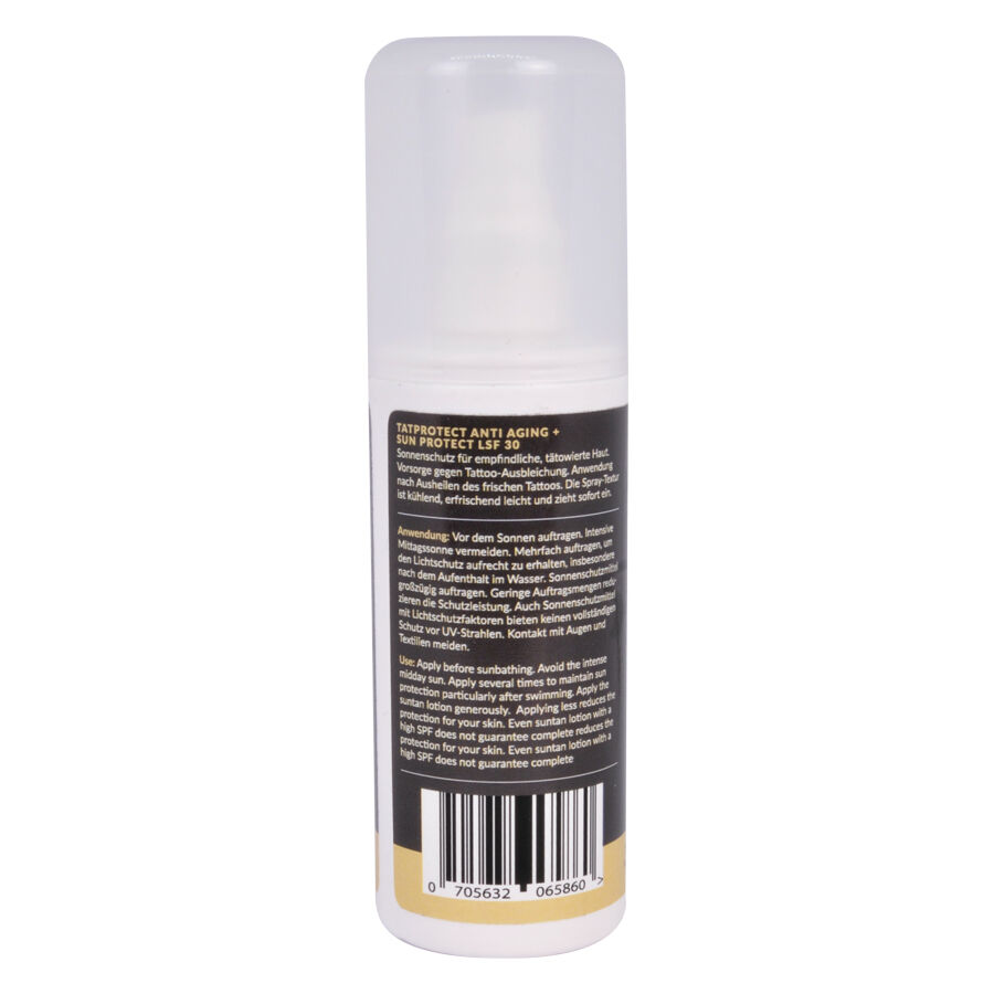 TATprotect Anti-Âge SPF30 Protection Solaire 100ml TATprotect Anti-Âge Protection Solaire SPF30, flacon de 100ml sur fond blanc