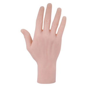 Main en silicone beige pour s'entraîner au tatouage sur fond blanc