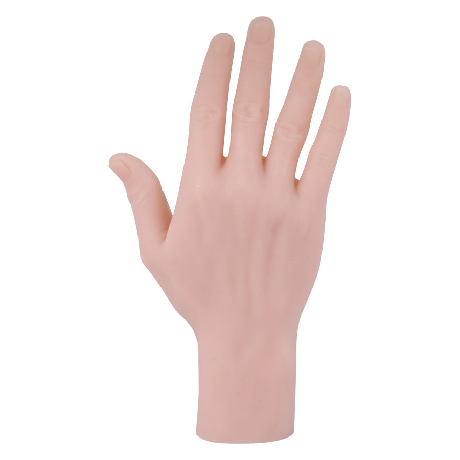 Main en silicone beige pour s'entraîner au tatouage sur fond blanc