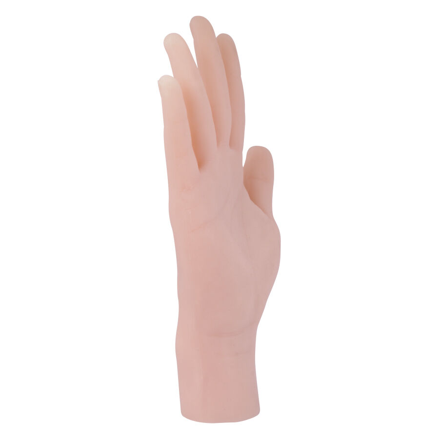 Main en silicone beige en position verticale sur fond blanc