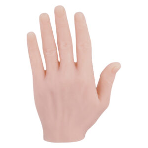 Main d'entraînement pour tatouage en silicone beige sur fond neutre