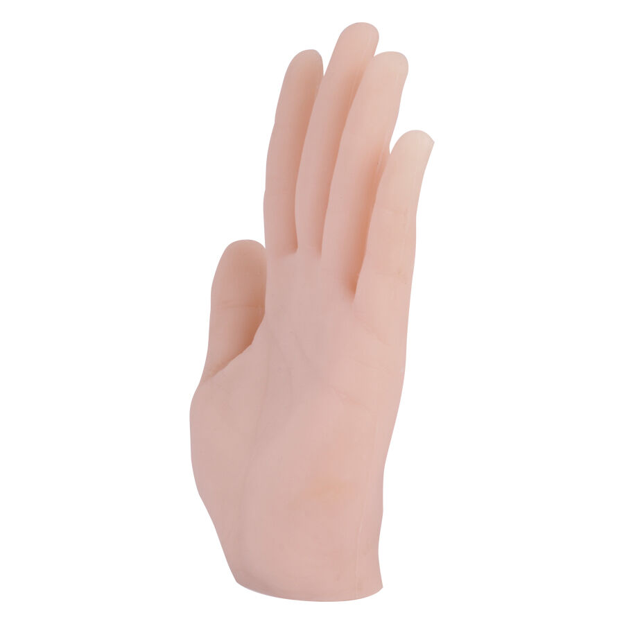 Main en silicone beige pour s'entraîner au tatouage Main en silicone beige pour exercices de tatouage, debout sur fond blanc