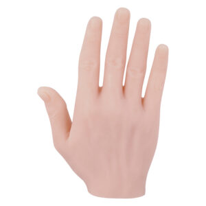 Main en silicone beige pour exercices de tatouage sur fond blanc