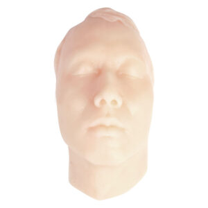 Modèle en silicone beige d'un visage masculin sur fond blanc