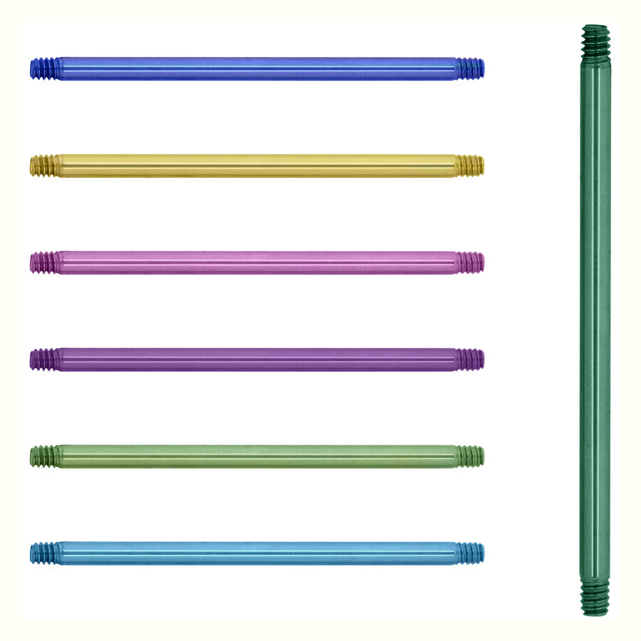 Barres Droites Titan Highline en Couleurs Vives Sept barres droites en titane de couleur violet, vert clair, bleu foncé, violet et bleu clair sur fond blanc