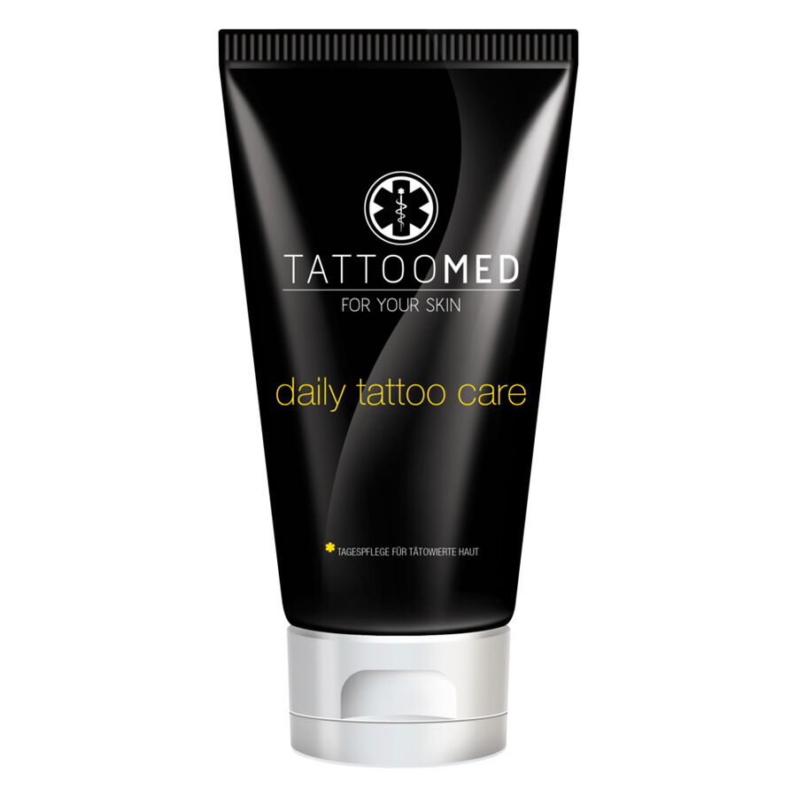 TattooMed® Crème de soin 100ml Tube TattooMed® Crème de soin dans un tube noir de 100ml sur fond blanc
