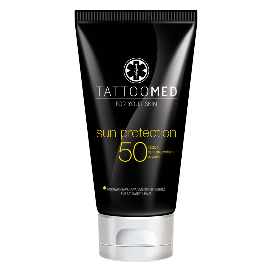 TattooMed® Sun Protection SPF50 100ml Tube noir TattooMed® Sun Protection SPF50 sur fond blanc