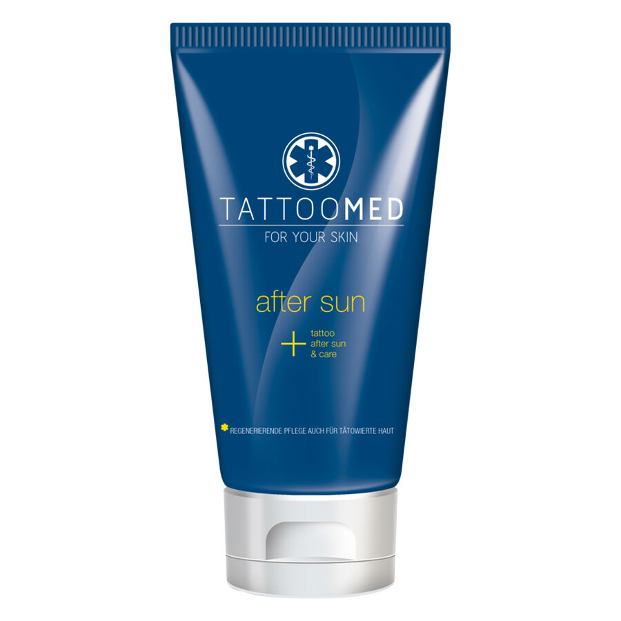 TattooMed® Après-Soleil Lotion en tube bleu sur fond blanc