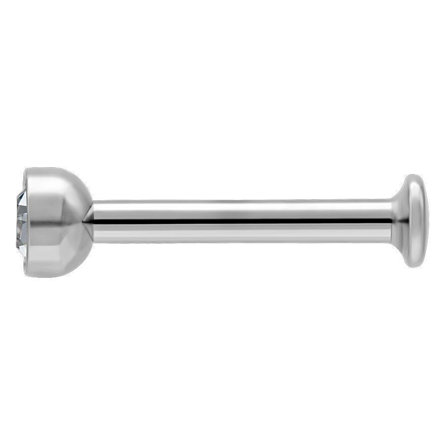 Mini labret en titane avec pierre cristal clair Mini labret en titane argenté avec pierre cristal clair sur fond blanc