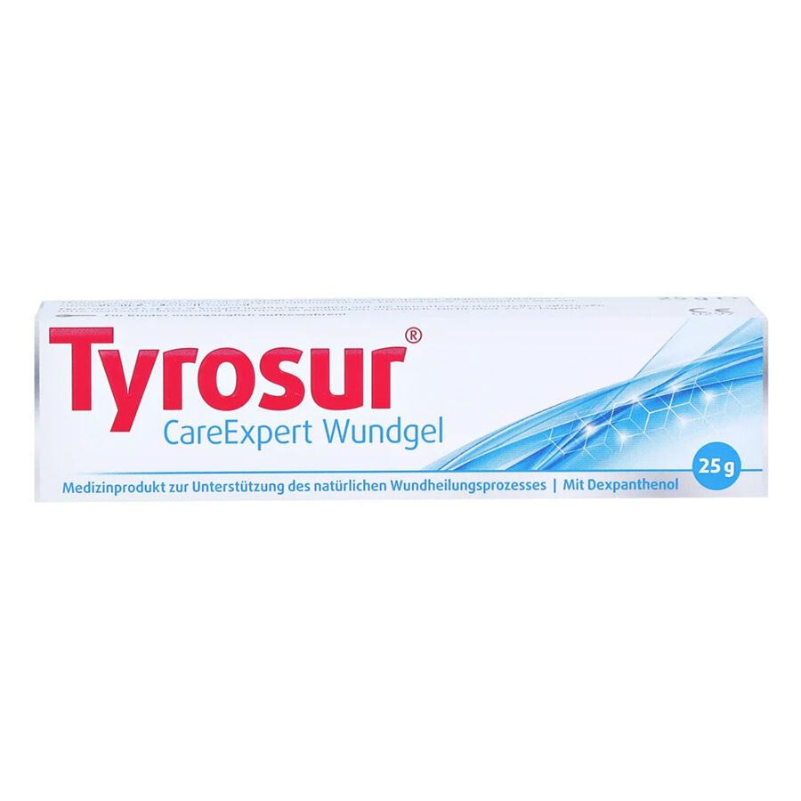 Tyrosur CareExpert gel pour plaies 25g emballage Tube de Tyrosur CareExpert gel pour plaies 25g sur fond blanc