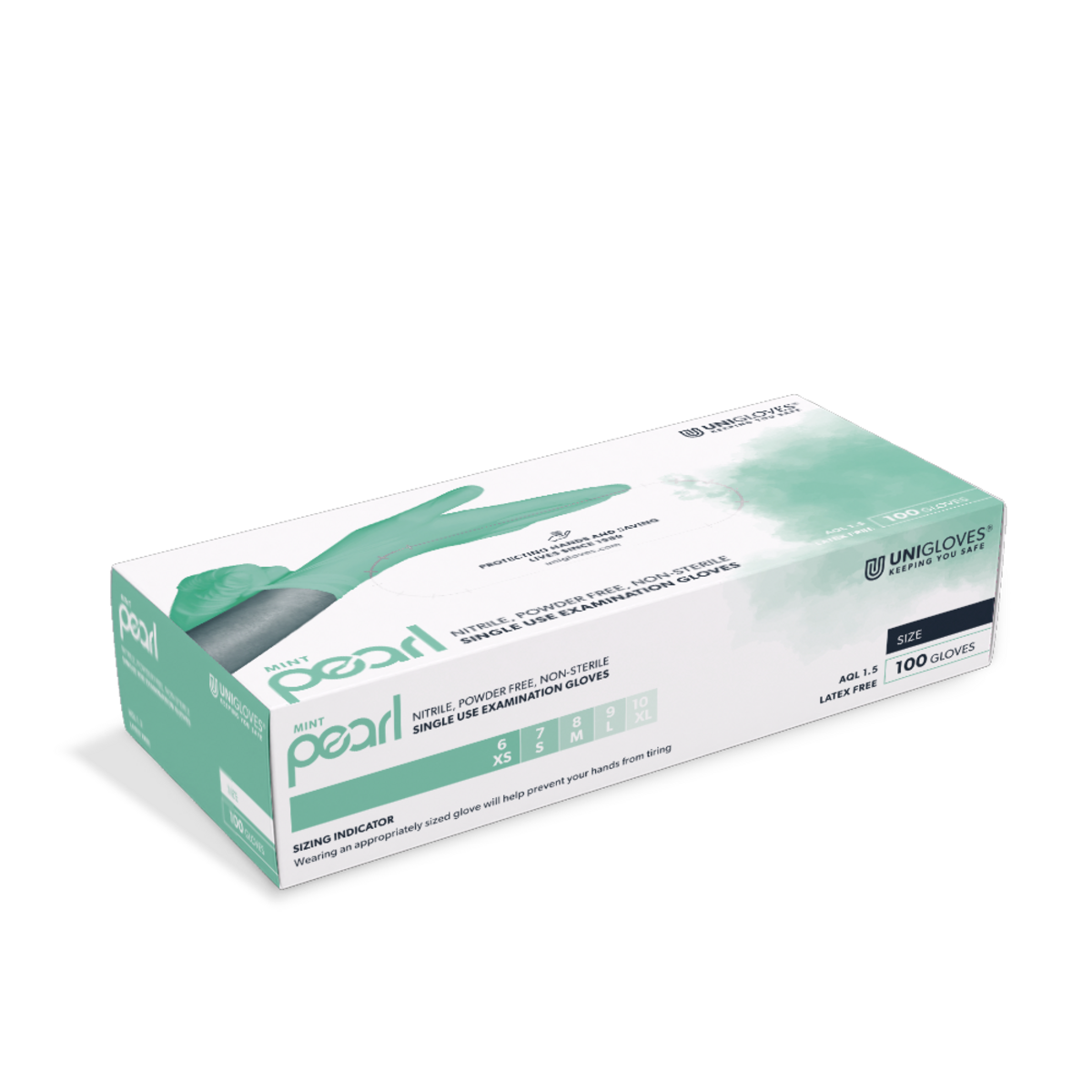 Gants en nitrile vert clair taille L - Unigloves Emballage des gants en nitrile vert clair taille L de Unigloves sur fond blanc