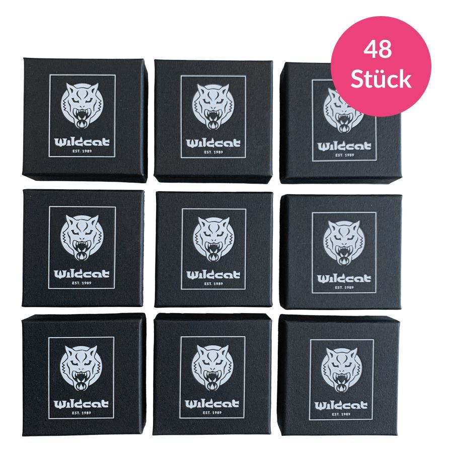 Boîtes à bijoux noires avec logo Wildcat Neuf boîtes à bijoux noires avec logo Wildcat sur fond blanc, 48 pièces