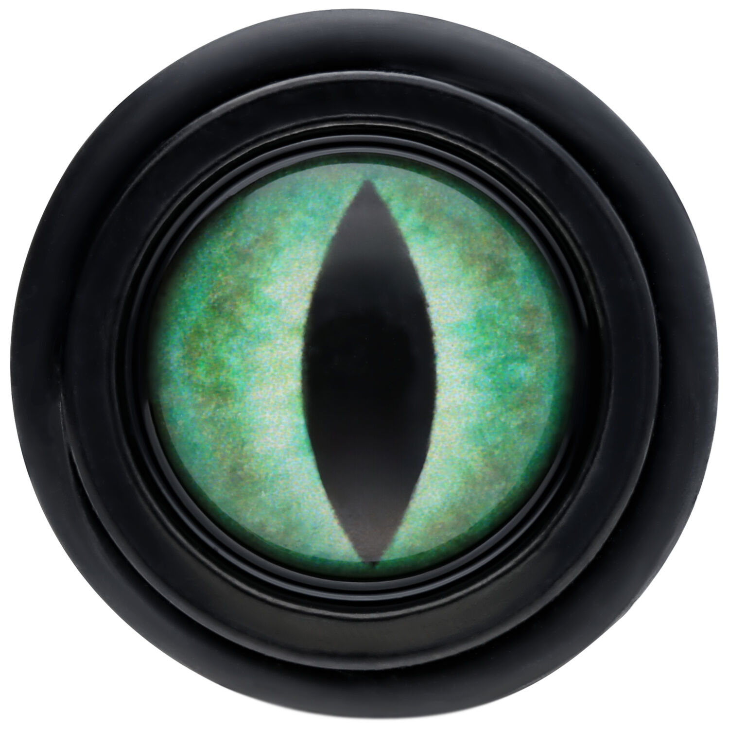 Verena Venus faux plug avec design œil de chat Faux plug rond noir avec design œil de chat vert sur fond blanc