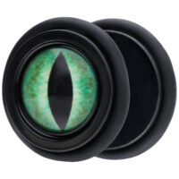 Verena Venus faux plug avec design œil de chat Faux plug noir avec motif œil de chat vert sur fond blanc