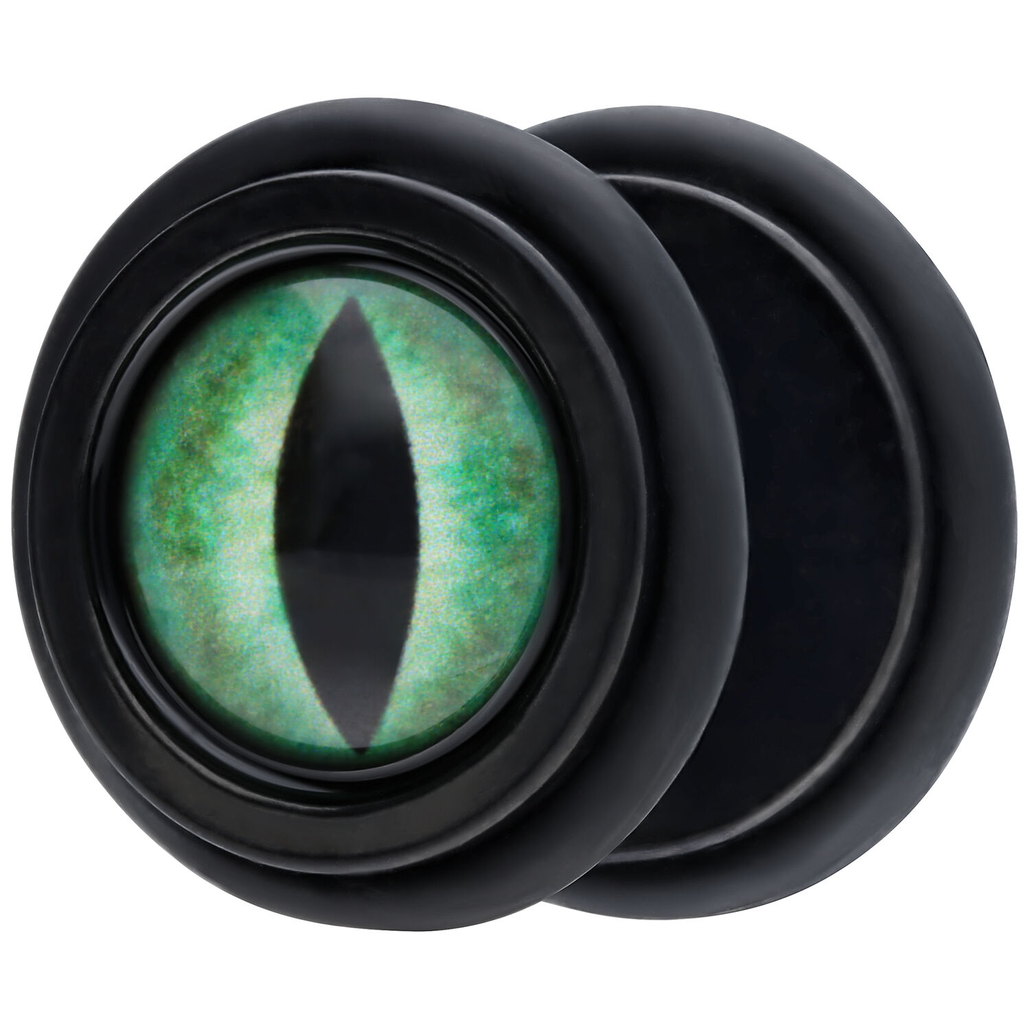 Verena Venus faux plug avec design œil de chat Faux plug noir avec motif œil de chat vert sur fond blanc