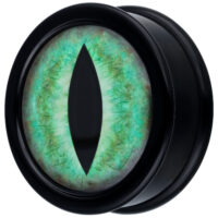 Verena Venus Plug avec œil de chat vert Plug noir en PMMA avec design œil de chat vert sur fond blanc
