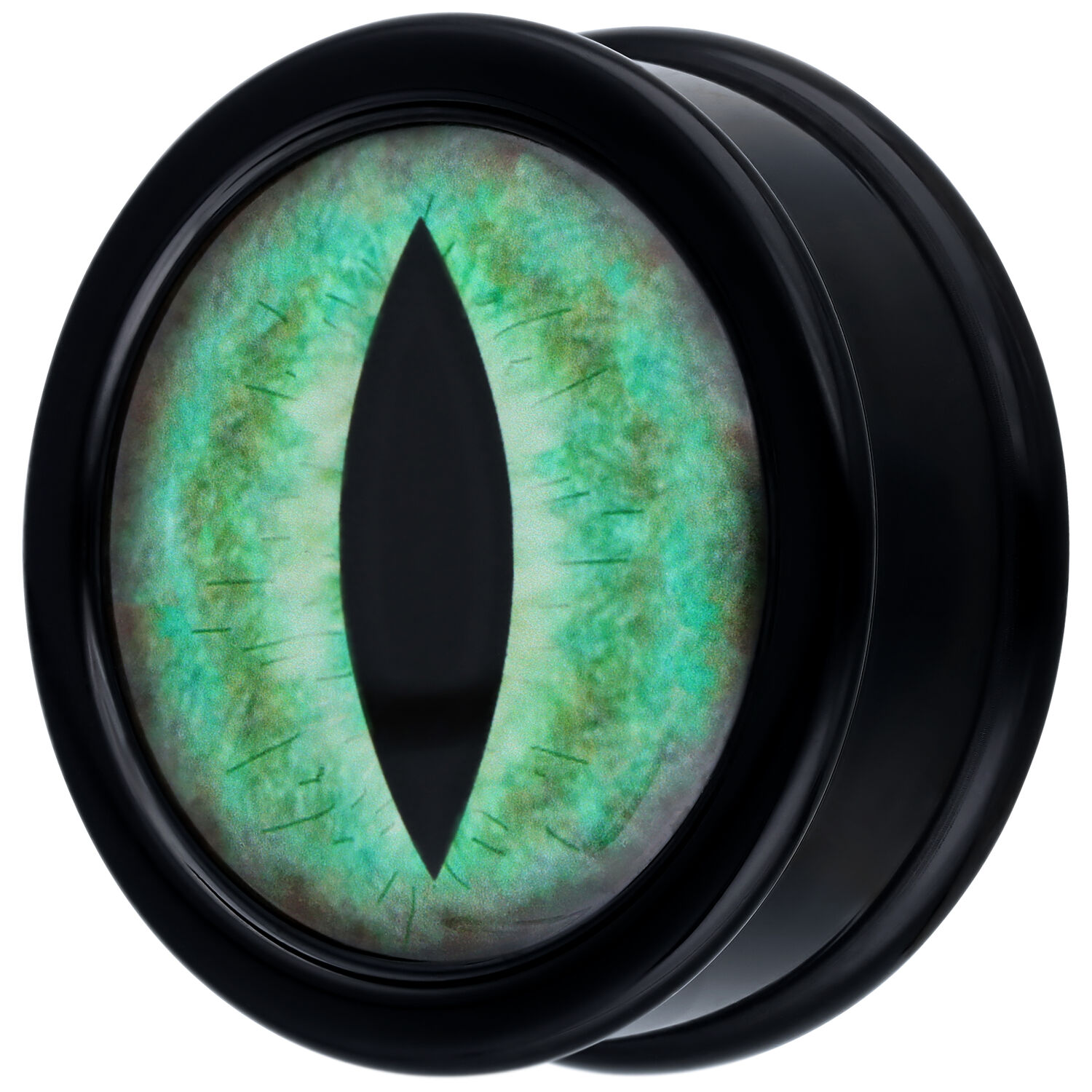Verena Venus Plug avec œil de chat vert Plug noir en PMMA avec design œil de chat vert sur fond blanc