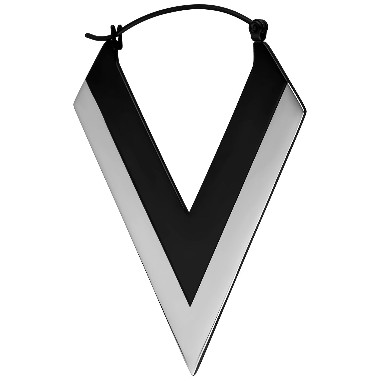 Boucles d'oreilles V argent/noir en acier chirurgical sur fond blanc