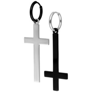 Deux Verena Venus Cross Hoops en acier chirurgical, or et noir, sur fond blanc