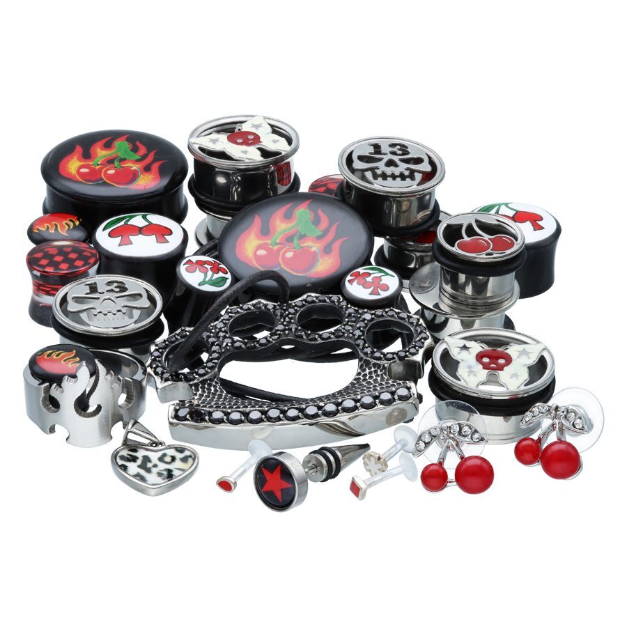 Ensemble de bijoux Rockabilly avec motif de cerises Ensemble de bijoux unisexe Rockabilly avec motifs de cerises et flammes, titane
