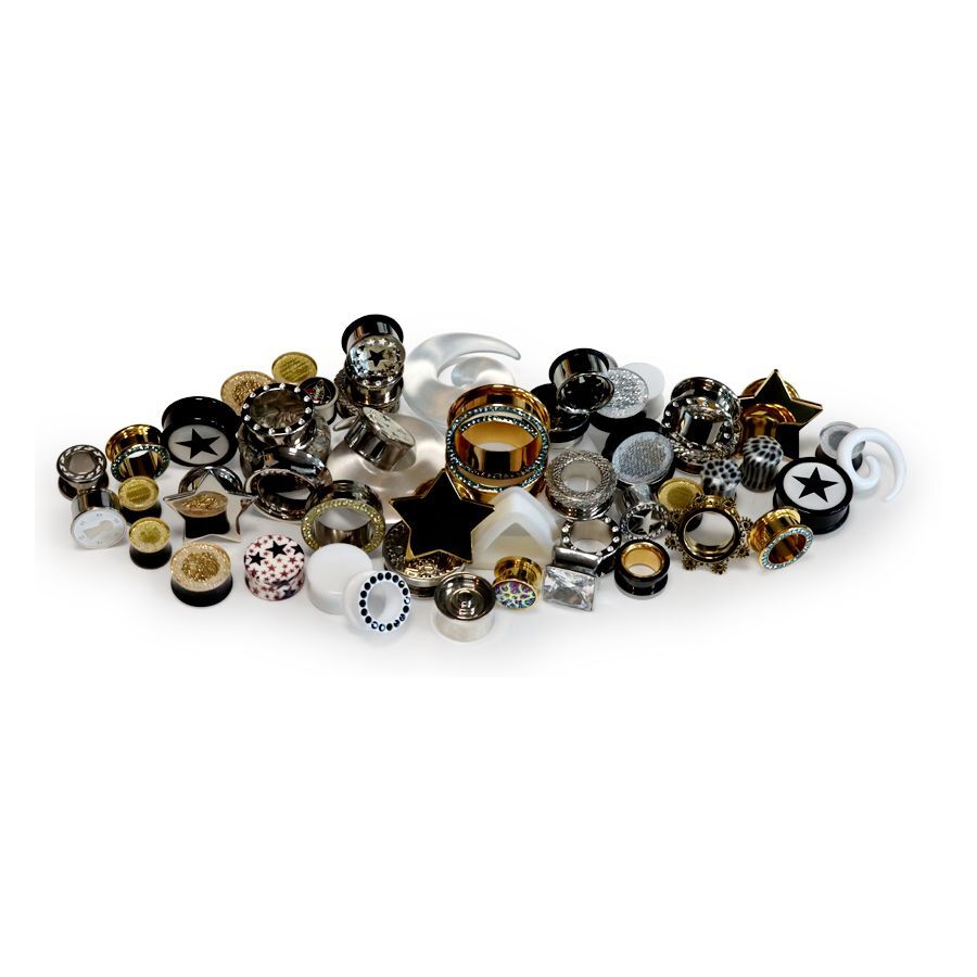 Différents piercings en acrylique, silicone et acier avec motifs d'étoiles sur fond blanc