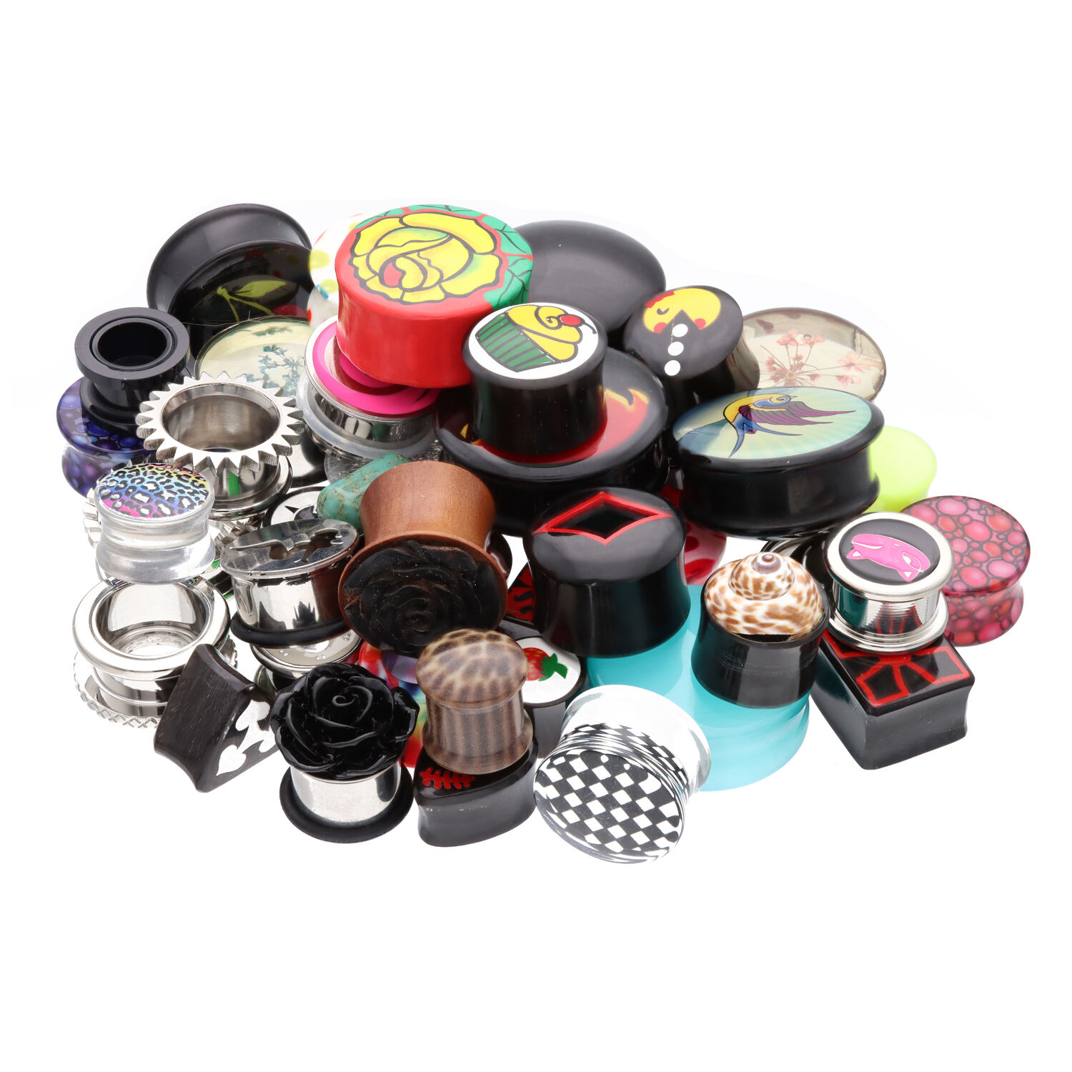 Ensemble de Piercings Happy Vibes Coloré Divers piercings colorés en acrylique, acier chirurgical, bois et titane sur fond blanc