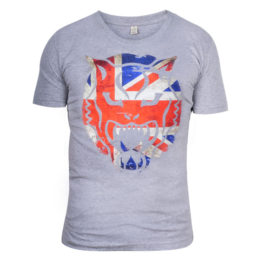 T-shirt unisexe gris avec imprimé UK de Wildcat T-shirt gris avec grand motif de chat sauvage UK, unisexe, sur fond blanc