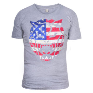T-shirt gris avec motif drapeau USA et design Wildcat sur fond blanc