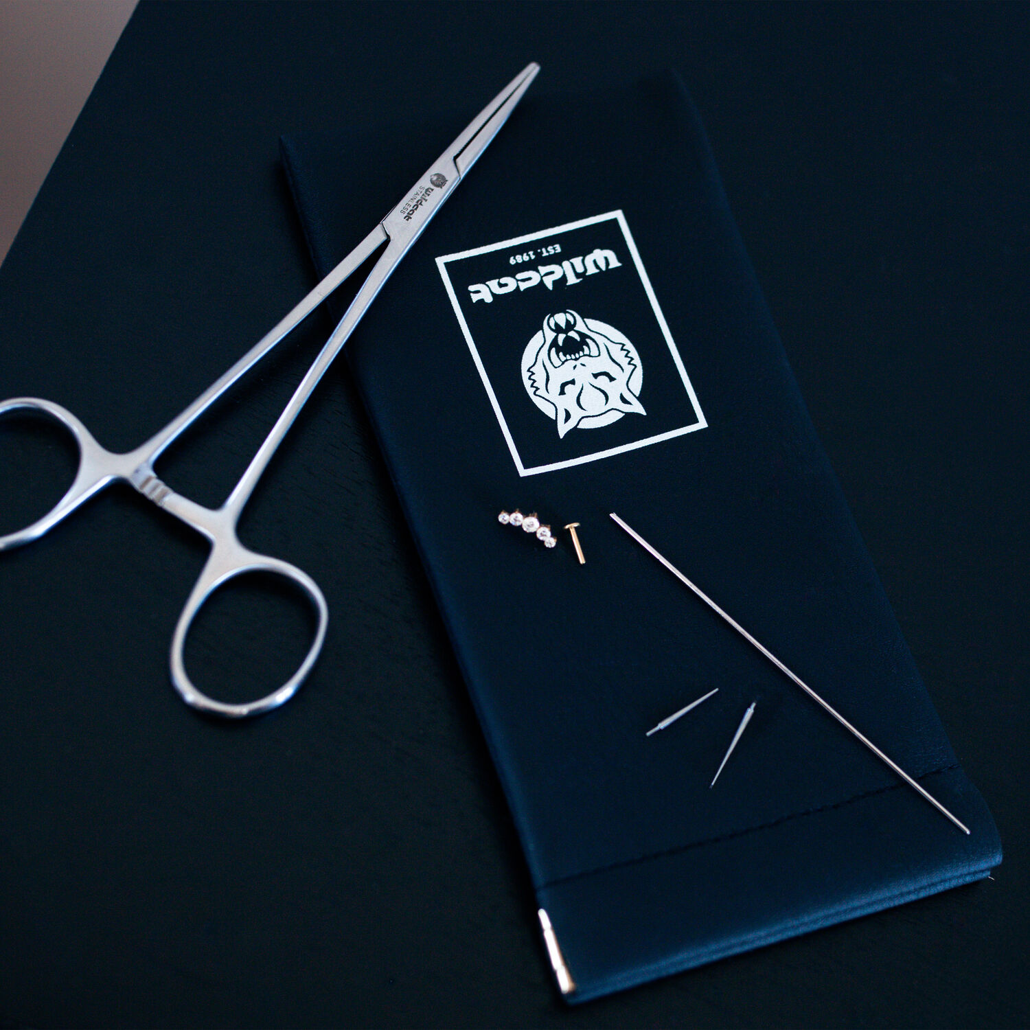 Kit de changement de piercing avec outil Kit de piercing avec pince, aiguilles et petites pièces sur fond noir